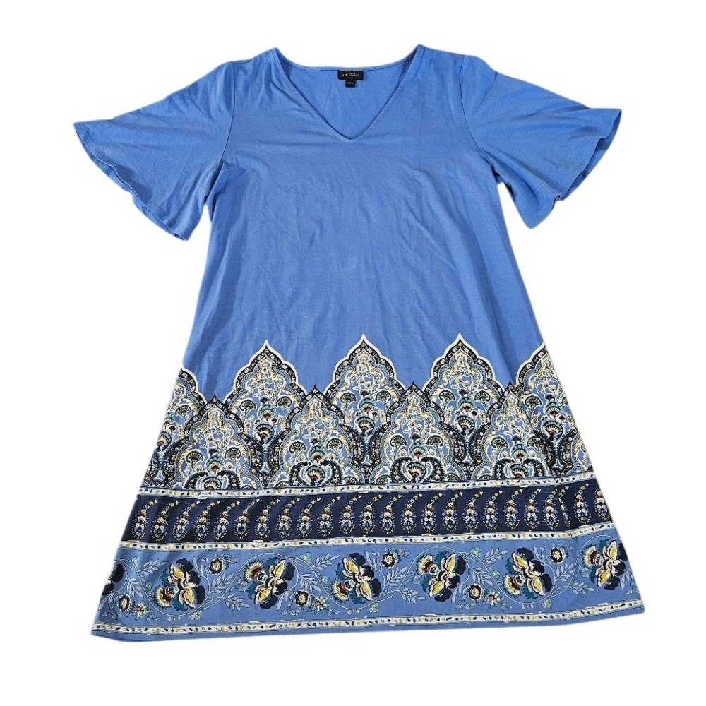 J. Jill Wearever Dress Large Blue Paisley Border Print V-Neck Flutter Sleeve